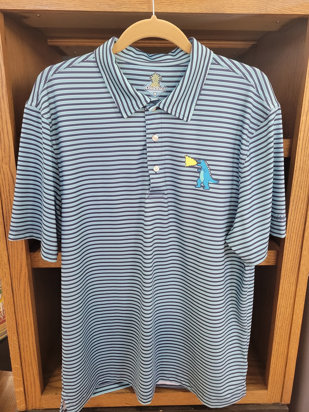 chubbies Light Blue & Navy Striped Polo with Dino Patch